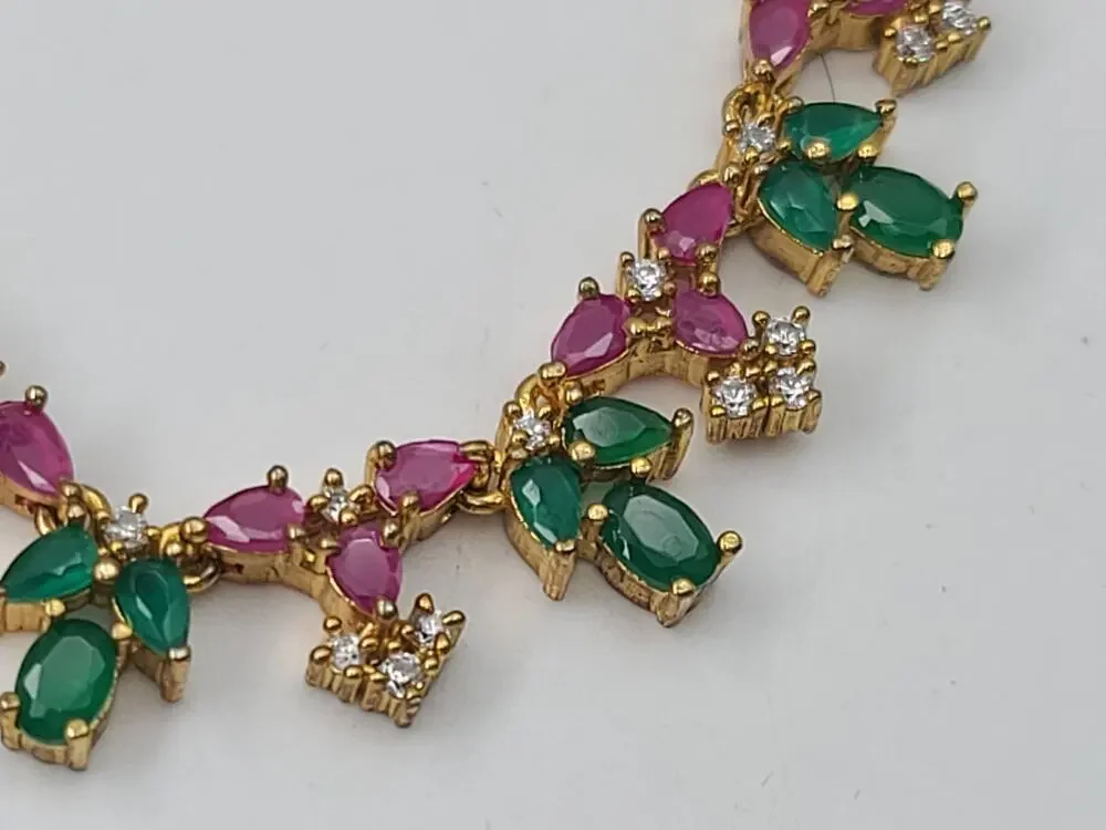 Vintage Artisan Emerald Ruby & CZ Cascade Gold Necklace & Earrings 16.5
